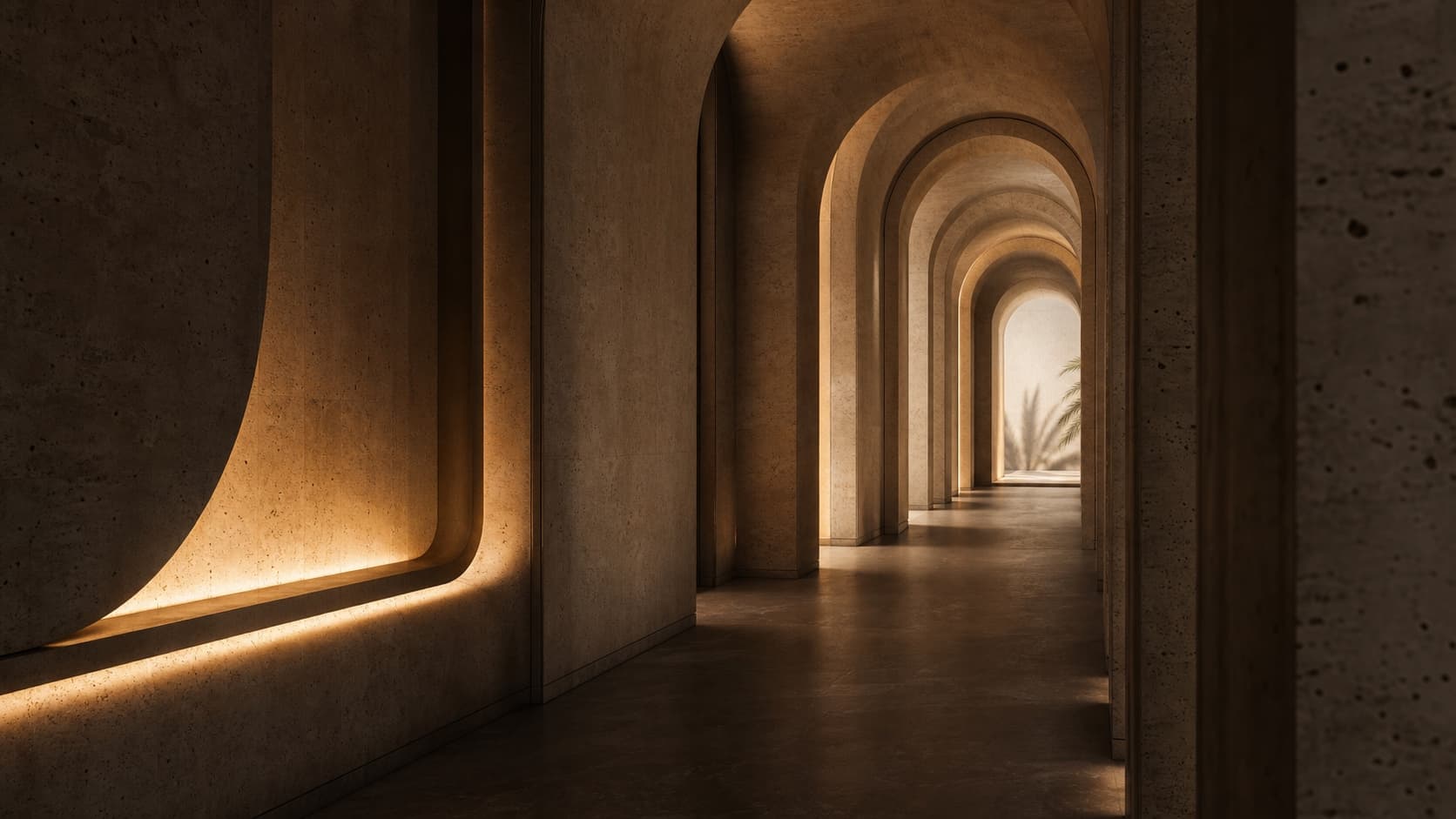 A travertine passage opening through a sequence of warm arches