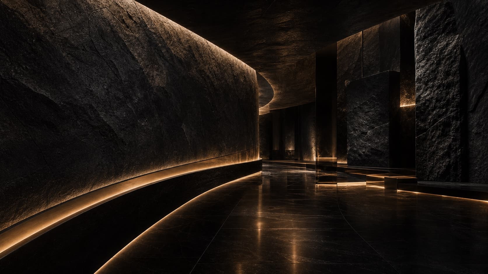 A curved black-stone passage traced with warm gold light