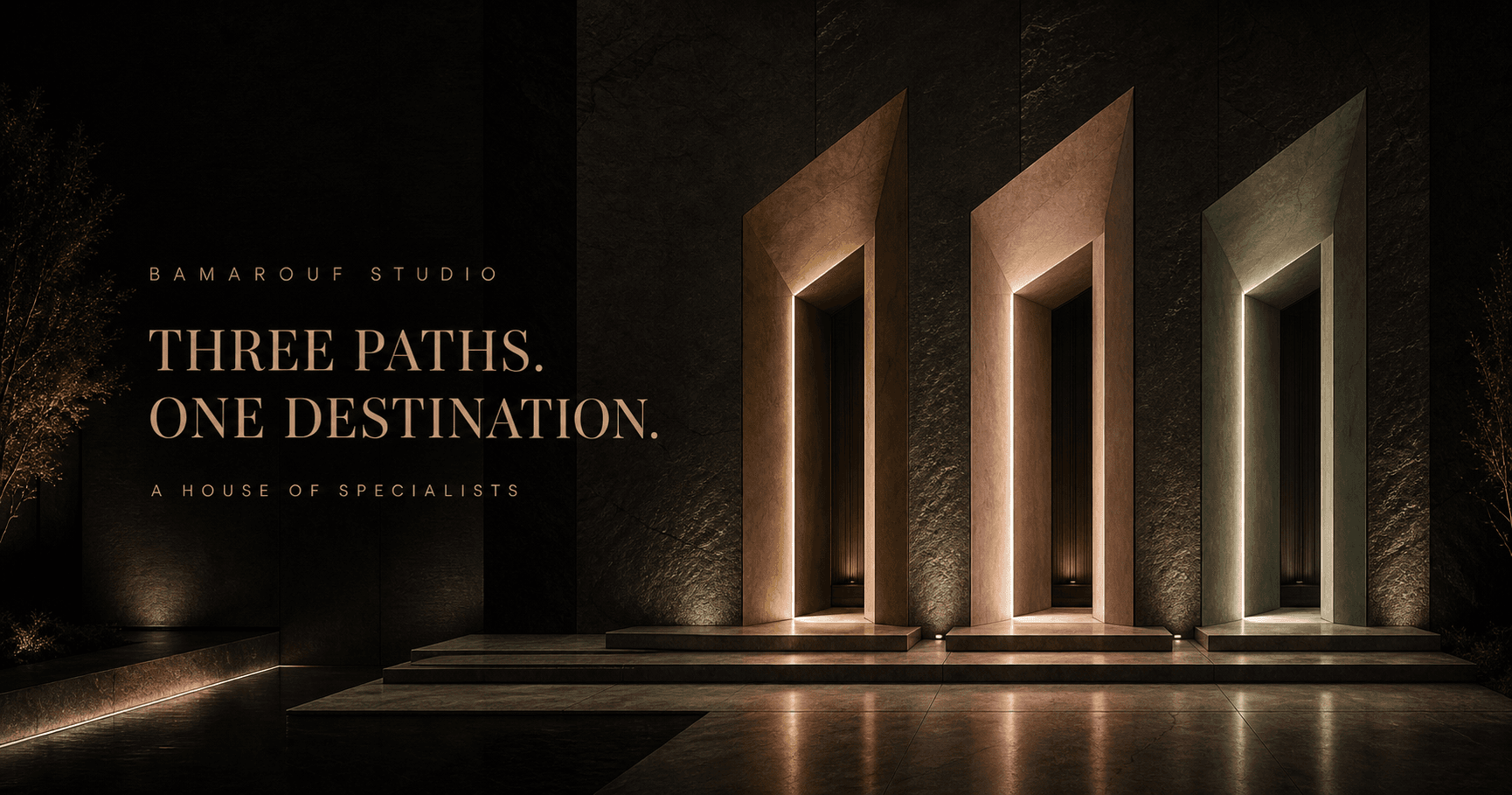 Three monumental thresholds illuminated in bronze, blush, and olive light